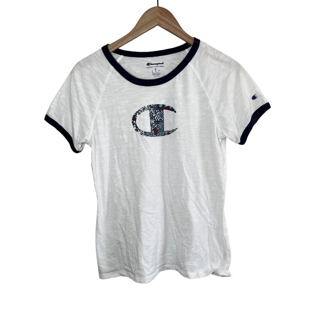 Champion Womens White Heritage Ringer T-Shirt Floral Logo Medium